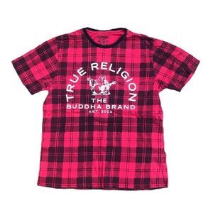 TRUE Religion T Shirt Plaid BIG LOGO RED Large